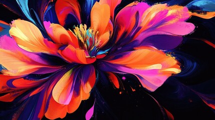 Obraz premium Vibrant Abstract Flower Artwork with Striking Orange, Pink, and Purple Colors on Dark Background