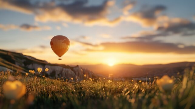 A hot air balloon floating over Cappadocia, Turkey at golden hour