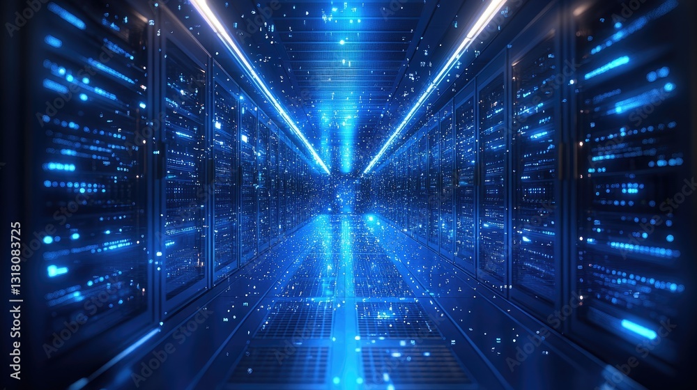 Poster A futuristic data center with glowing blue servers and floating digital particles, symbolizing high-tech computing and cybersecurity. Ideal for AI, cloud computing, and big data themes