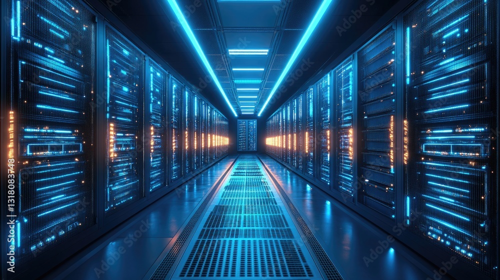 Poster A futuristic data center with glowing blue server racks and advanced digital infrastructure, symbolizing AI, cloud computing, and cybersecurity. Ideal for technology and big data themes