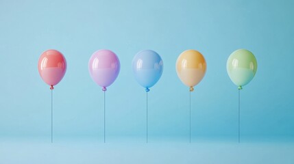 Colorful and Shiny Balloons on a Light Blue Background Ideal for Celebrations, Parties, and Festive Events with a Playful Atmosphere