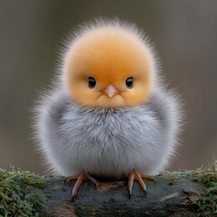 Obraz premium Fluffy chick perched on branch, blurred background, springtime, adorable pet