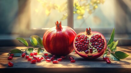 Sunlit Pomegranates on Wooden Windowsill