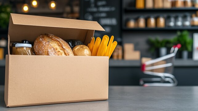 Open Cardboard Box with Bread and Food Items on Table Surface