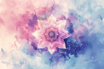 Fototapeta premium Soft pastel mandala with watercolor splashes, creating a dreamy, meditative, and spiritual background.