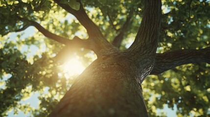 A towering tree trunk viewed from a low upward angle