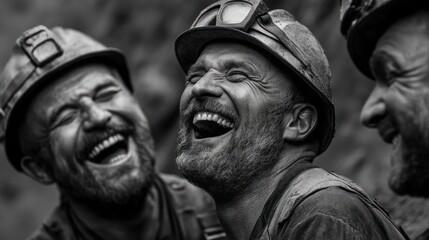 Dusty camaraderie three laughing miners celebrate a hard day's labor underground