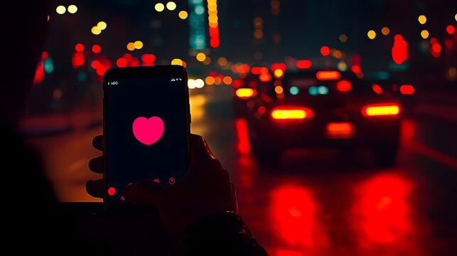 Hand Holding Smartphone Displaying Heart Icon Against Urban Night Cityscape with Traffic and Lights