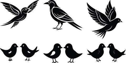 Black Silhouette Birds Vector Illustration: Flying, Standing, and Facing Each Other in a Simple, Elegant Design for Graphic Projects