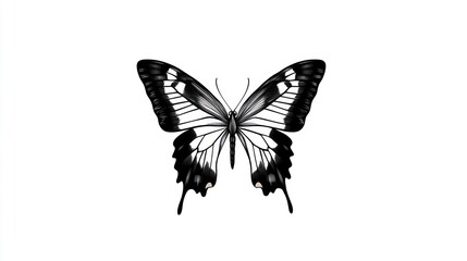 Black and white butterfly, wings spread, white background, nature, design