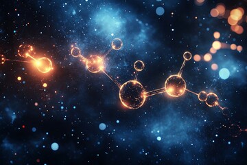 A glowing network of interconnected molecular structures on space
