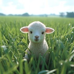 Obraz premium Lamb sitting in green pasture, sunny day, spring