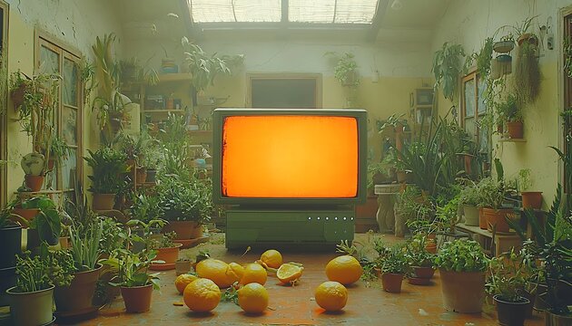 Orange glow, vintage TV in sunlit greenhouse