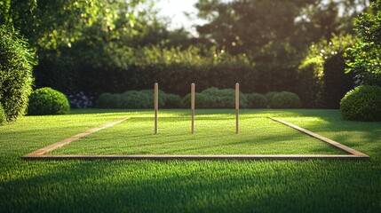 Scenic Outdoor Lawn with Wooden Posts for Lawn Games Illuminated by Soft Natural Light in a Lush Green Garden Environment