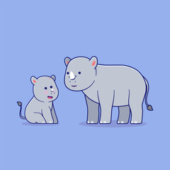 Vector illustration of rhino and rhino calf. Cute cartoon of rhino, baby rhino sitting.