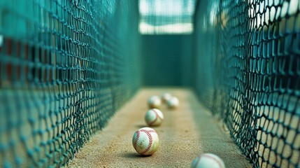 Baseballs on Sand in a Batting Cage with Green Netting and Natural Light Background Captured in an Outdoor Sports Facility Setting