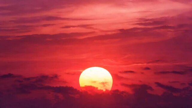 Vibrant red sunset with glowing sun descending behind soft clouds in dramatic sky. Nature concept
