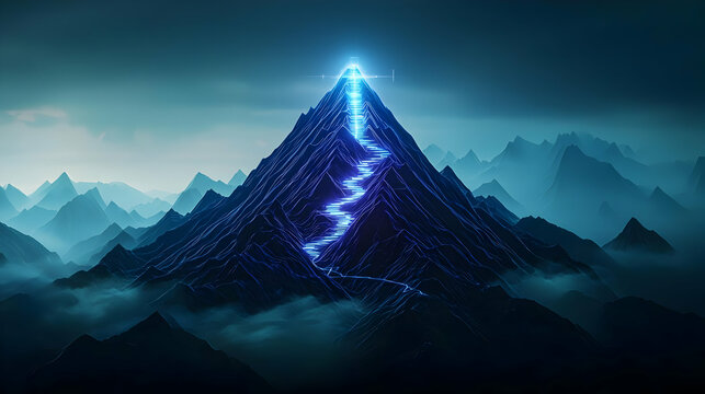 Blue Glowing Pyramid Mountain Peak in a Dark Pixelated Landscape at Night Digital Art