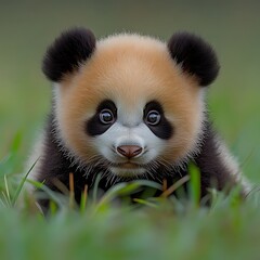 Naklejka premium Adorable Panda Cub in Grassy Habitat, China