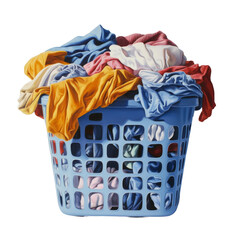A blue plastic laundry basket filled with colorful clothes, ready for washing in a bright and tidy laundry space, Plastic laundry basket full of clothes