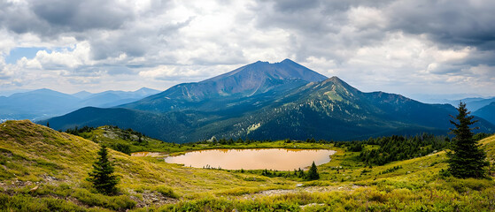 Fototapeta premium Panoramic View of Majestic Mountain Peak With An Alpine Lake And Cloudy Sky In The Background