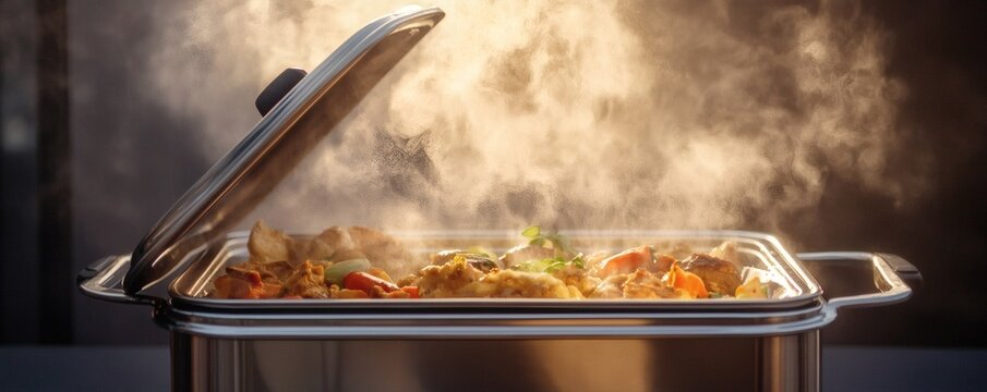A stainless steel chafing dish of delicious prepared cuisine
