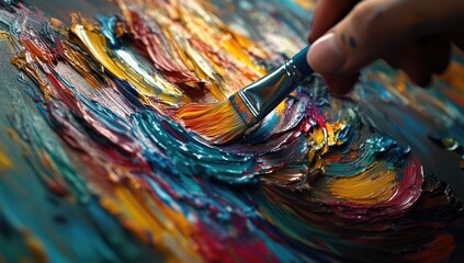 Fototapeta premium Close-up of artist's hand painting with brushstrokes of vibrant oil colors on canvas.