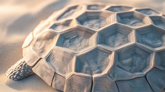 Close-Up View of a Textured Turtle Shell on a Sandy Surface with Soft Light and Detail Highlighting Its Unique Hexagonal Patterns