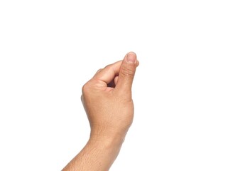 Male hand making a gesture of holding a card or business card. Some types of documents ID card Or a passport, coin, or something. Isolated on a white background.