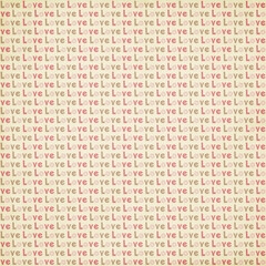 Seamless pattern with repeating “Love” text in soft pink and beige on a textured background, perfect for Valentine’s Day cards, wedding stationery, gift wrap, fabric and romantic designs.