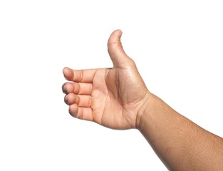 A man acts like he's holding something, like a phone or a water bottle. Or reaching out to handshake isolated on white background.