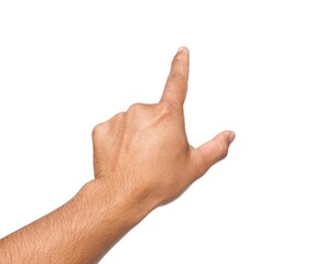 Men's hands making gestures like I'm pointing at something. or touch the phone screen Isolated on white background.