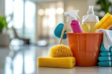 Cleaning supplies and tools are ready for domestic housework chores
