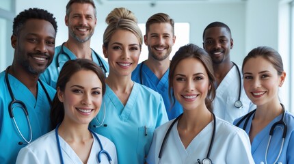 Fototapeta premium Group of Medical Professionals in Uniforms with Stethoscopes, Smiling and Ready for Healthcare