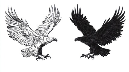 Obraz premium Two eagles in flight, facing each other, white and black versions, isolated on white, for tattoo design