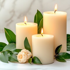 Serene Still Life with Burning Ivory Candles and White Rose