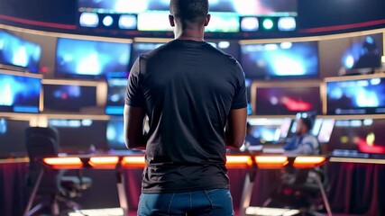 A Focused Young Black Male Operator Monitoring Multiple Screens in a High-Tech Control Room During a Live Event
