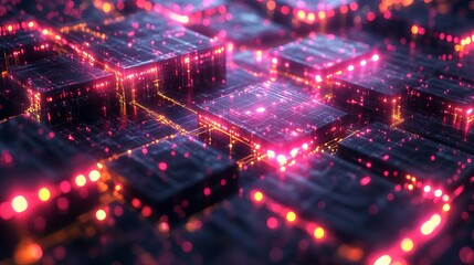 Obraz premium Blockchain concept banner: isometric digital blocks interconnected in a dynamic crypto chain on an abstract technology background, vector illustration