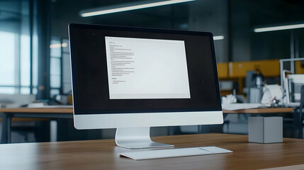 Naklejka premium Modern Office Workspace Featuring a Desktop Computer Displaying Code on Its Screen in a Brightly Lit Setting