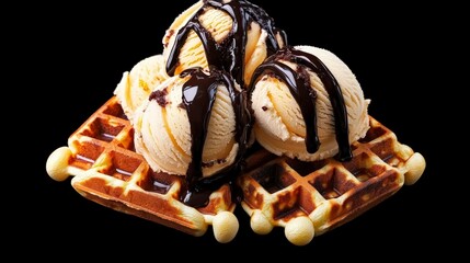 Naklejka premium Delicious Waffles with Vanilla Ice Cream and Chocolate Sauce