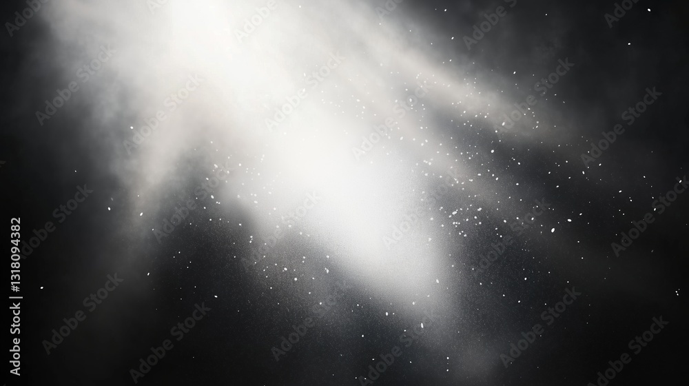 Aufkleber Abstract black background with white spray paint and floating dust particles illuminated by a soft glow from behind, creating a mysterious and atmospheric texture with light and shadow contrast.