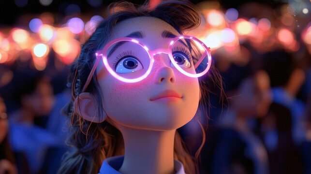 Girl  glowing glasses  night lights  crowd  dreamy  3D render  digital art  creative  yout