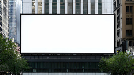 Obraz premium Blank Billboard with White Screen Mounted on Modern Building Facade with Green Trees in Daylight