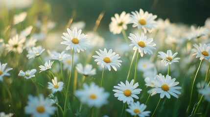 Fototapeta premium Bright and Cheerful Daisy Flowers in a Lush Green Field Under a Clear Blue Sky in the Warm Light of the Morning Sun