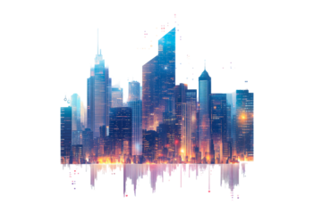 City skyline with financial graph overlay isolated on transparent background