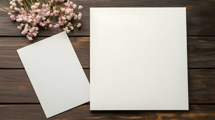 White Paper Sheets And Delicate Pink Floral Arrangement On Dark Wooden Surface In Flat Lay