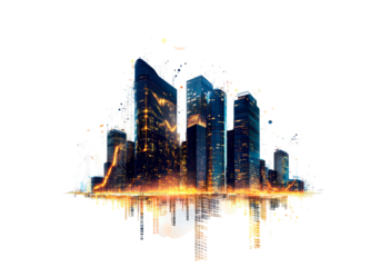 Futuristic city skyline with digital financial trends isolated on transparent background