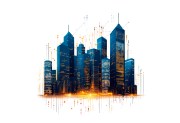 City skyline with financial graph overlay isolated on transparent background