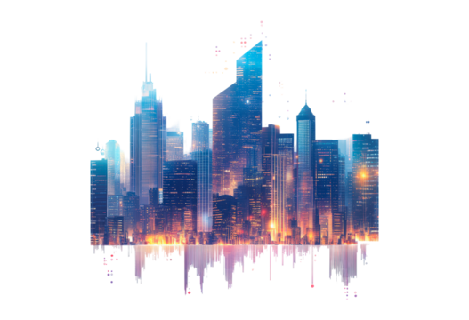 City skyline with financial graph overlay isolated on transparent background