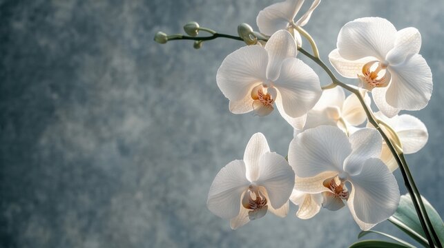 Delicate white orchids in soft sunlight against a textured background showcasing the elegant beauty and tranquility of nature's floral design and arrangement